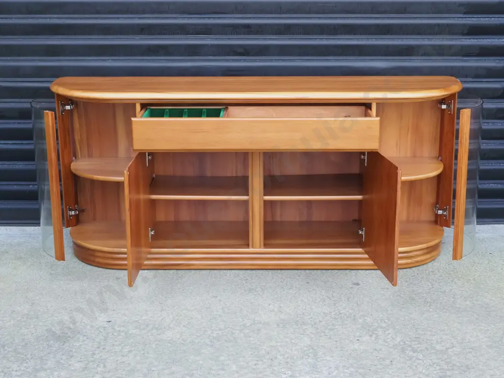 Sorenmobler Heart Rimu Sideboard/Buffet With Curved Glass Doors, Flocked Insert In Drawers & Two Centre Doors. Image 1++