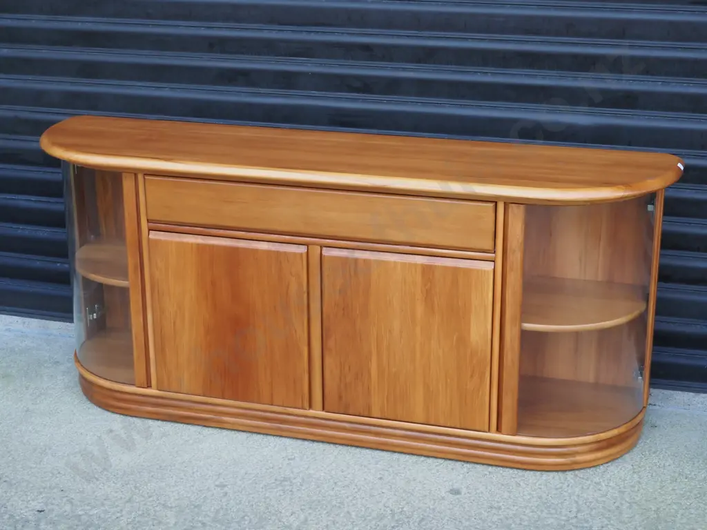 Sorenmobler Heart Rimu Sideboard/Buffet With Curved Glass Doors, Flocked Insert In Drawers & Two Centre Doors. Image 1++