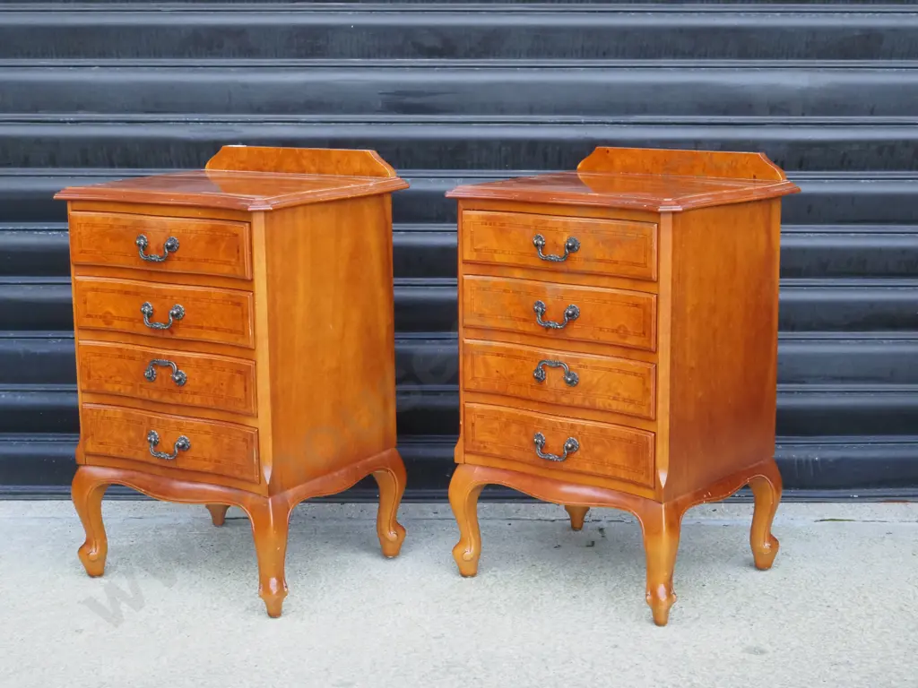 Pair Of Walnut Crossbanded Three Drawer Bedside Cabinets On Cabriole Legs Image 1++
