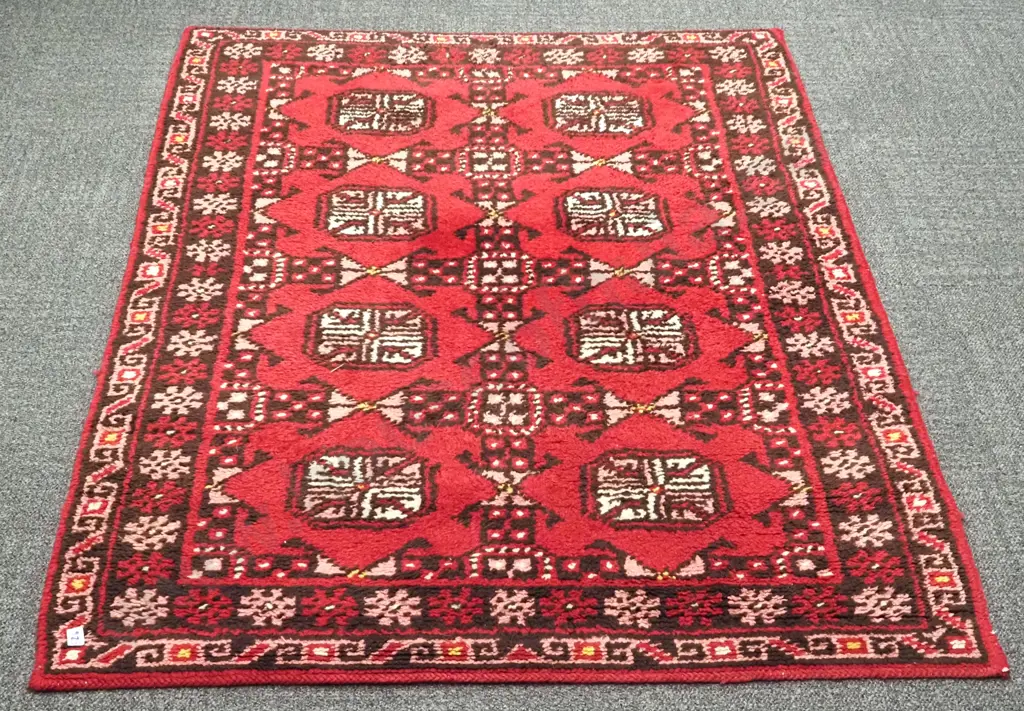 Vintage Hand Knotted Woollen Floor Rug In Reds, Cream & Black Image 1++