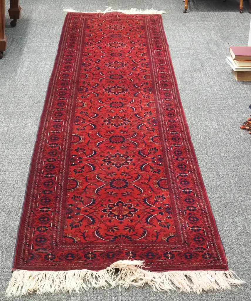 Afghan Runner Crimson Ground w Navy Floral & Foliate Design. Image 1++