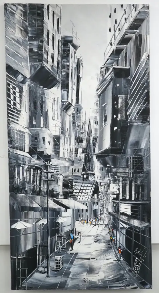 A. Uclch (possibly) Urban scene in Black & White. Oil on Canvas Image 1++