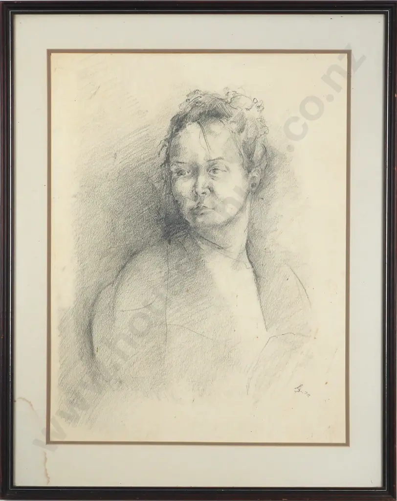 Framed Initialled (Possibly G or S) Charcoal Portrait of a Woman. Image 1++