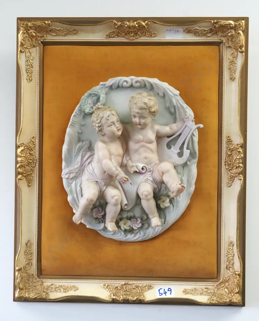 Vintage Oval German Bisque Bas Relief Wall Plaque w Cupids On A Velvet Ground w Ornate Gilt Frame Image 1++