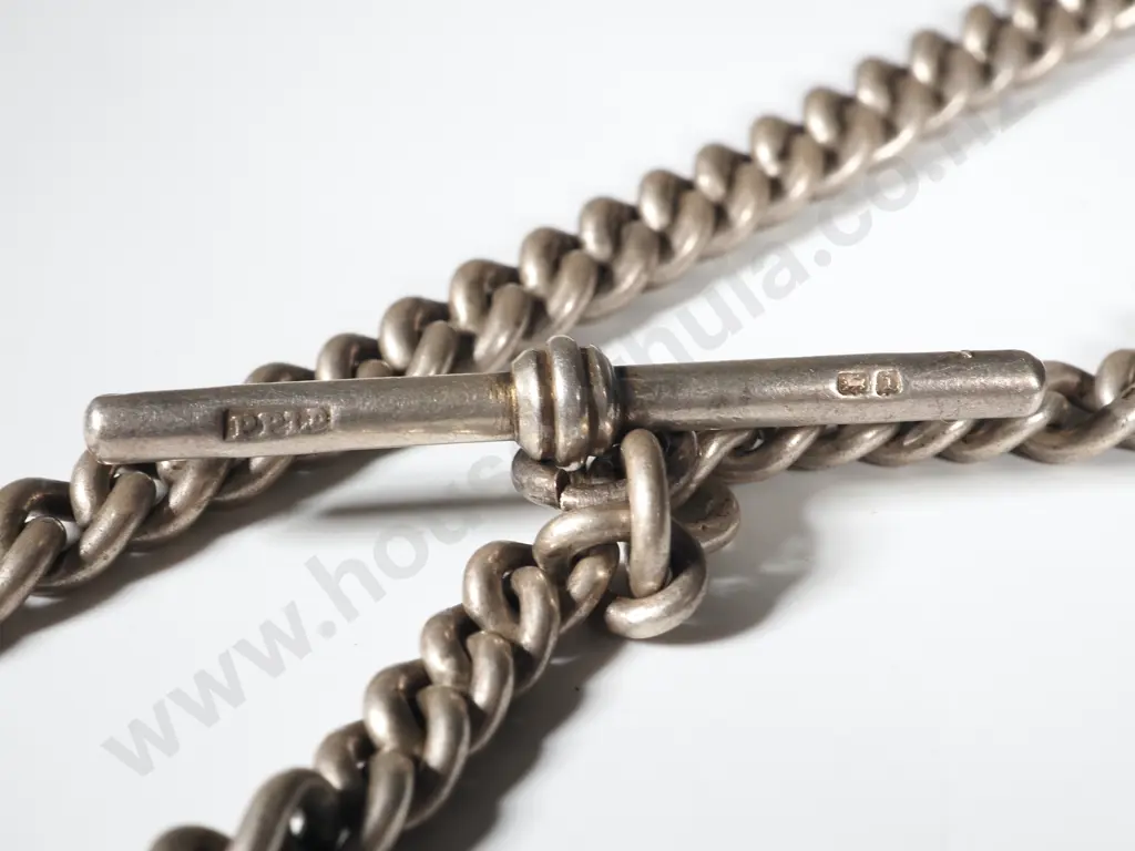 Sterling Silver Watch Chain with T Bar & Medallion Image 1++
