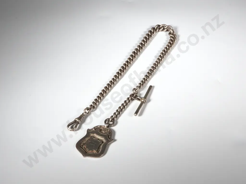 Sterling Silver Watch Chain with T Bar & Medallion Image 1++