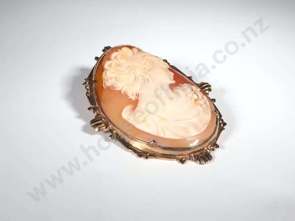 9ct Gold Large Cameo Brooch of Female Profile in Evening Wear Image 1++