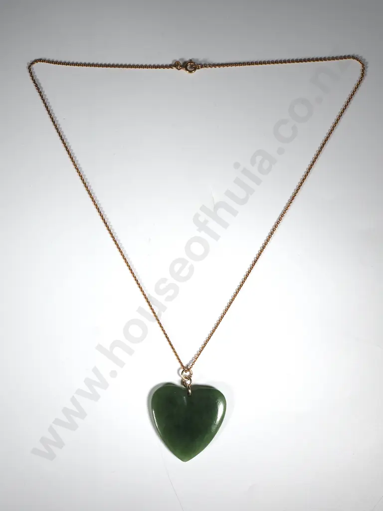 Colonial Greenstone Heart Pendant on Rolled Gold Chain Image 1++