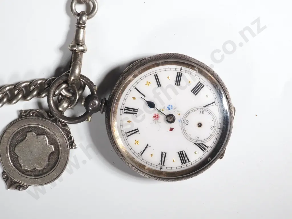 Sterling Silver Fob Chain w Pendant Medallion & Half Hunter w Painted Enamel Porcelain Dial Image 1++
