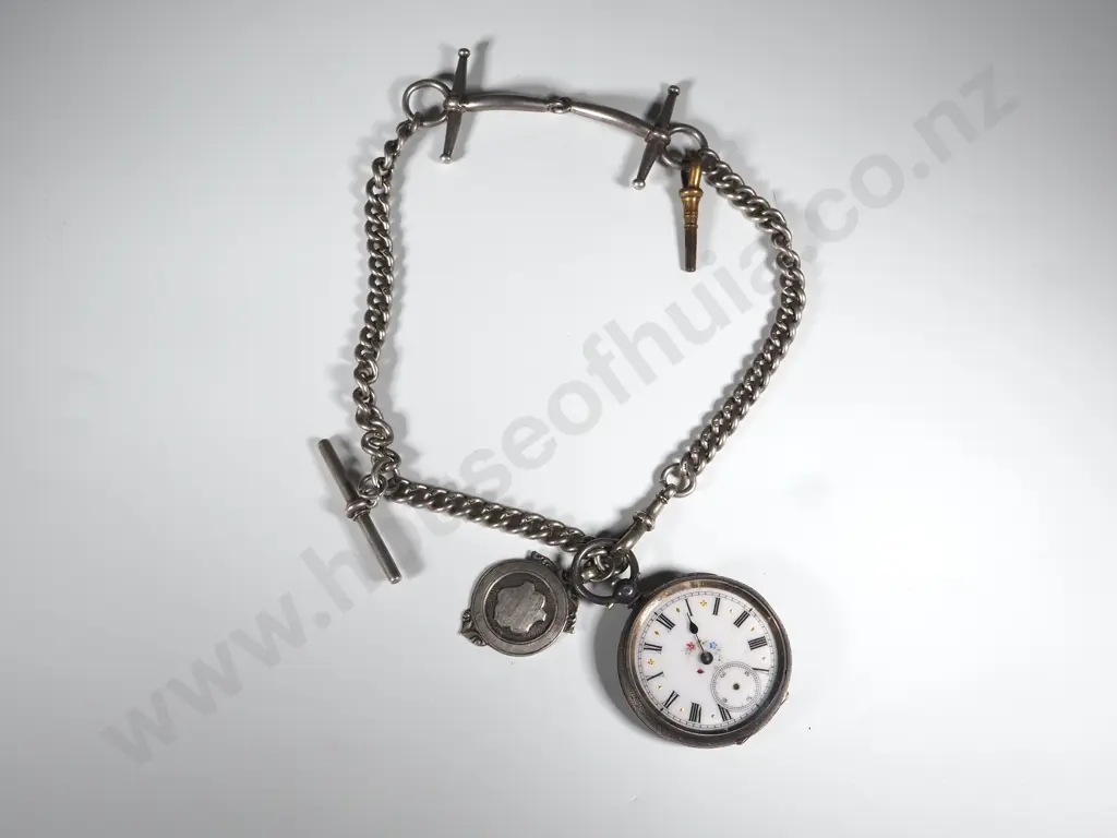 Sterling Silver Fob Chain w Pendant Medallion & Half Hunter w Painted Enamel Porcelain Dial Image 1++