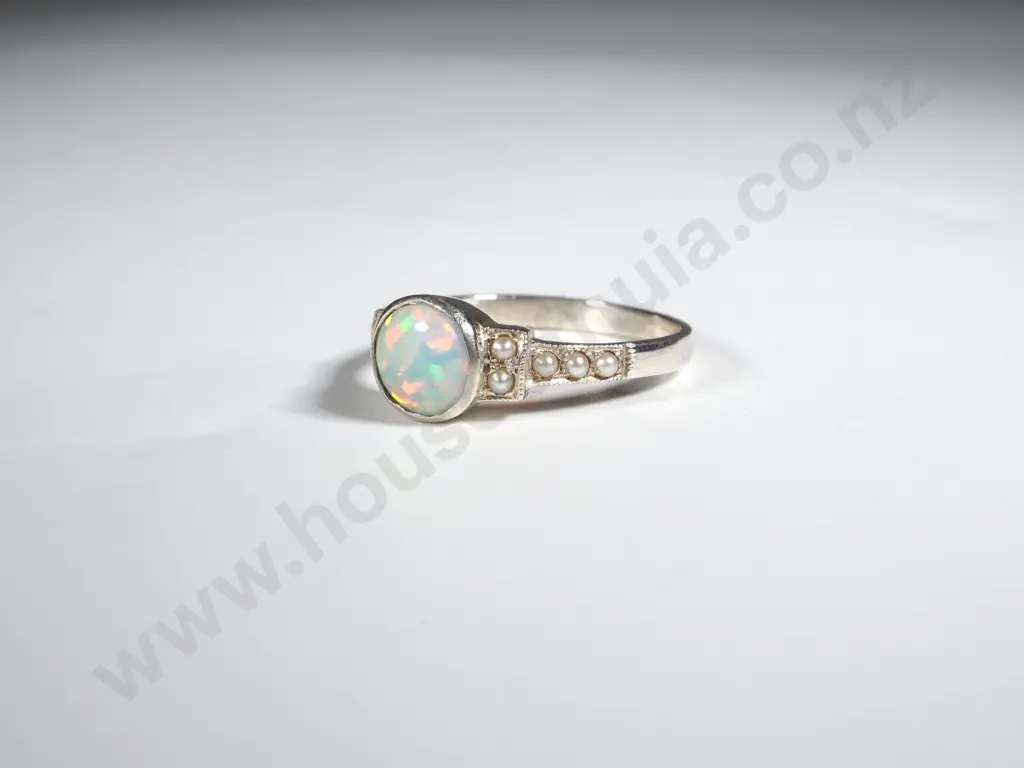 Sterling Silver Crystal Opal & Seed Pearl Ring Image 1++