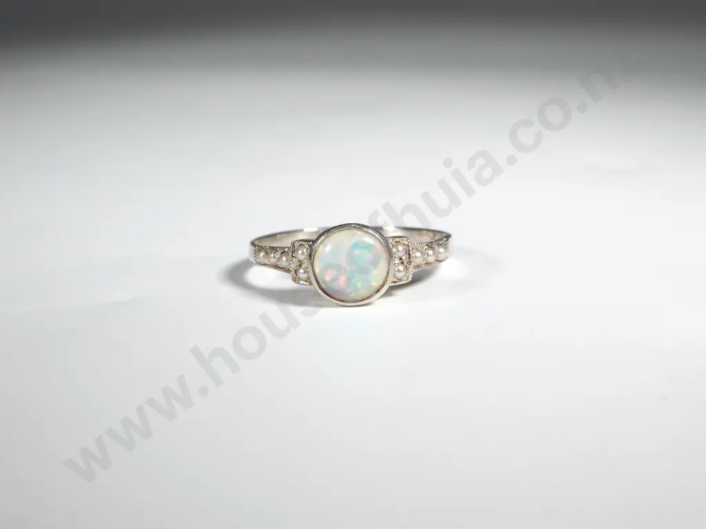 Sterling Silver Crystal Opal & Seed Pearl Ring Image 1++