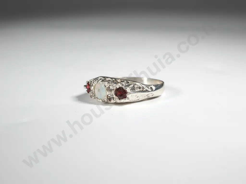 Sterling Silver Opal, Garnet & Diamond Ring Image 1++