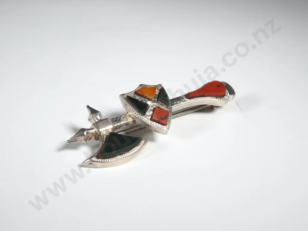 Sterling Silver Scottish Agate Set Bar Brooch A/F Image 1++