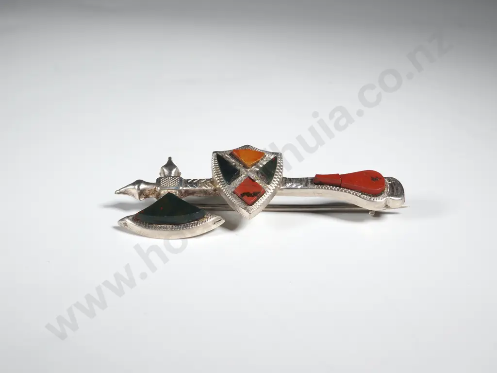 Sterling Silver Scottish Agate Set Bar Brooch A/F Image 1++