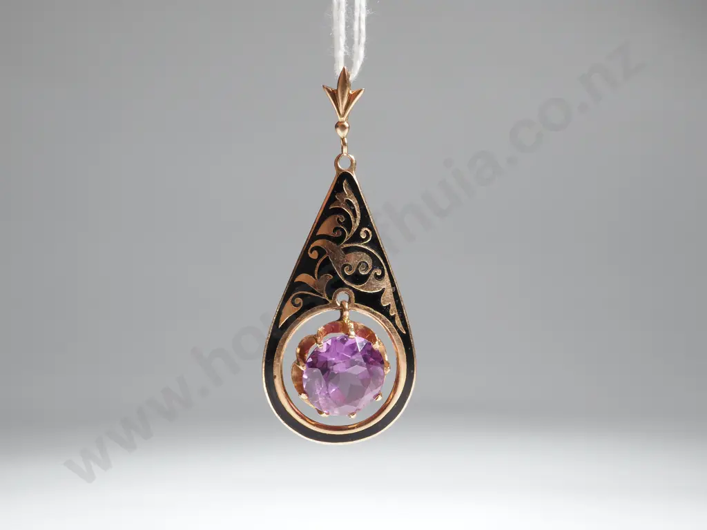 14ct Gold Amethyst Pendant w Black Enamel Image 1++