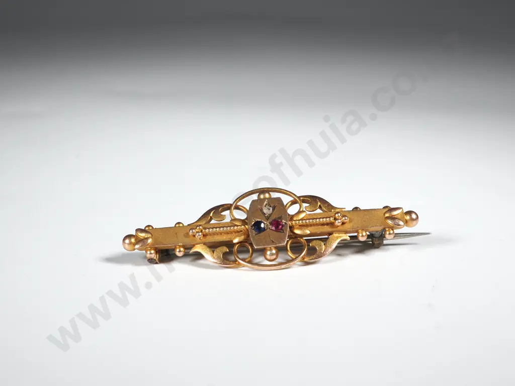 9ct Gold Diamond, Sapphire & Ruby Bar Brooch Image 1++
