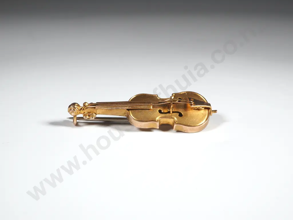 Cased Antique 9ct Gold Violin Brooch w English Hallmarks Image 1++