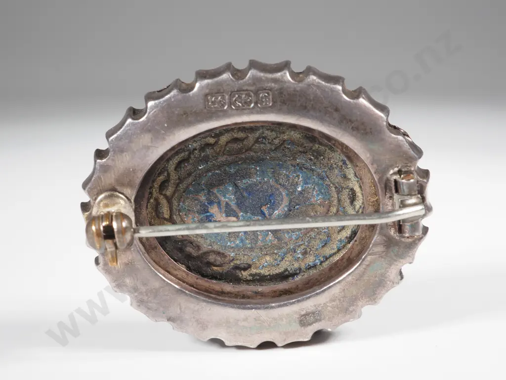 Sterling Silver Antique Oval Brooch With Blue & Black Enamel, English Hallmarks Image 1++