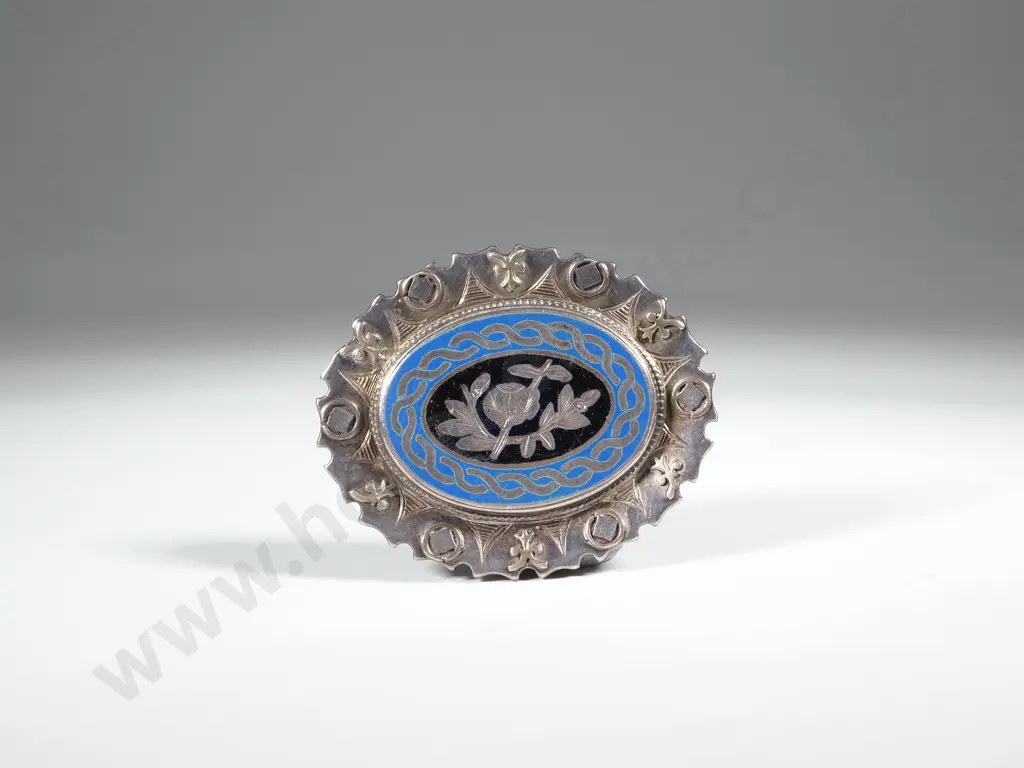 Sterling Silver Antique Oval Brooch With Blue & Black Enamel, English Hallmarks Image 1++