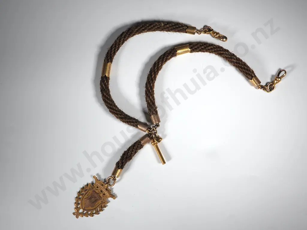 9ct Gold Mourning Human Hair Fob w Award Fob (1919) Image 1++