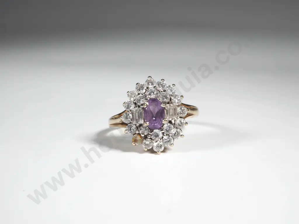 9ct Gold Diamond & Amethyst Cluster Ring Image 1++