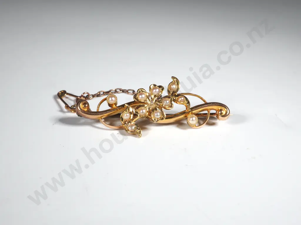15ct Gold Floreat Art Nouveau Seed Pearl Bar Brooch Image 1++