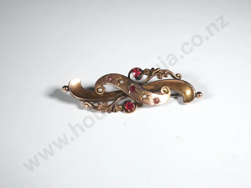 9ct Gold Antique Pearl & Ruby Bar Brooch In Original Box Image 1++