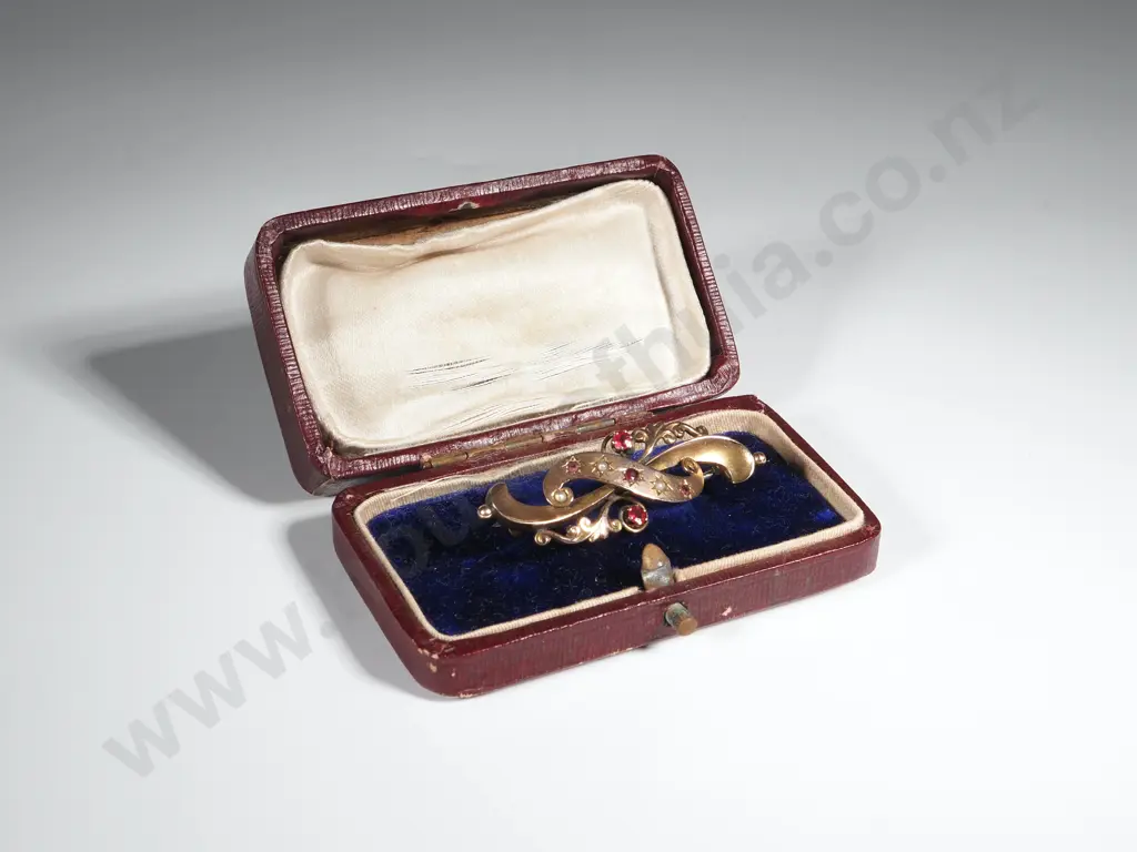 9ct Gold Antique Pearl & Ruby Bar Brooch In Original Box Image 1++