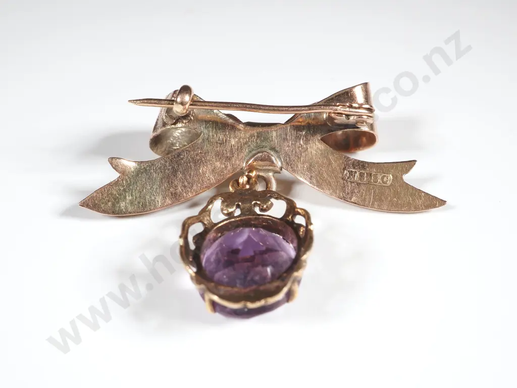 Antique Rose 9ct Gold & Amethyst Bow Brooch Image 1++