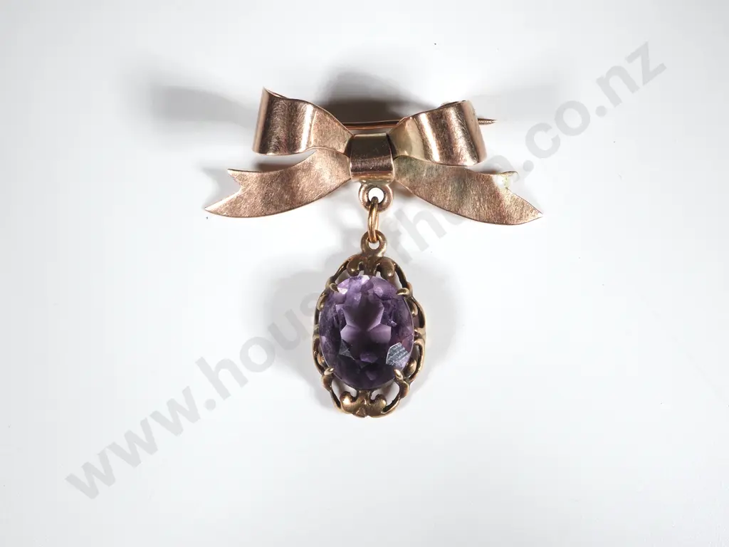 Antique Rose 9ct Gold & Amethyst Bow Brooch Image 1++