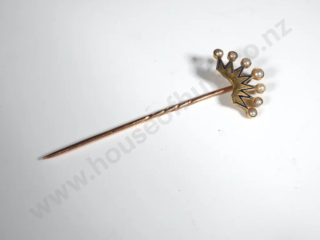 9ct Gold Enamelled Coronet Stick Pin Set w Seed Pearls Image 1++