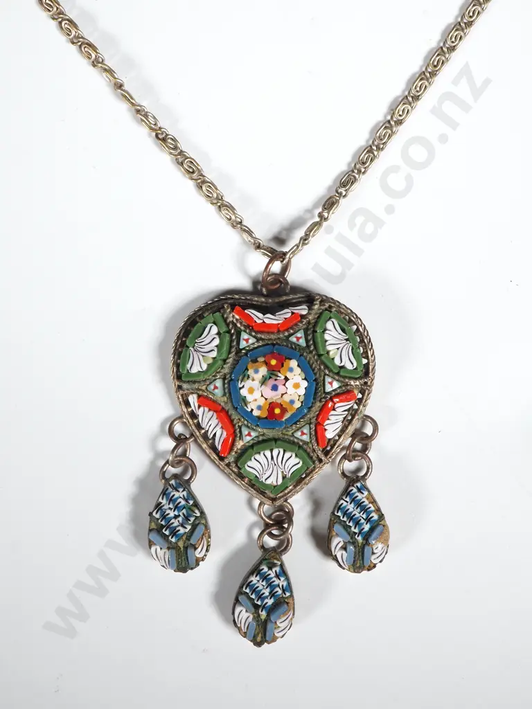 Vintage Mosaic Heart Shaped Pendant w Fancy Link Chain Image 1++