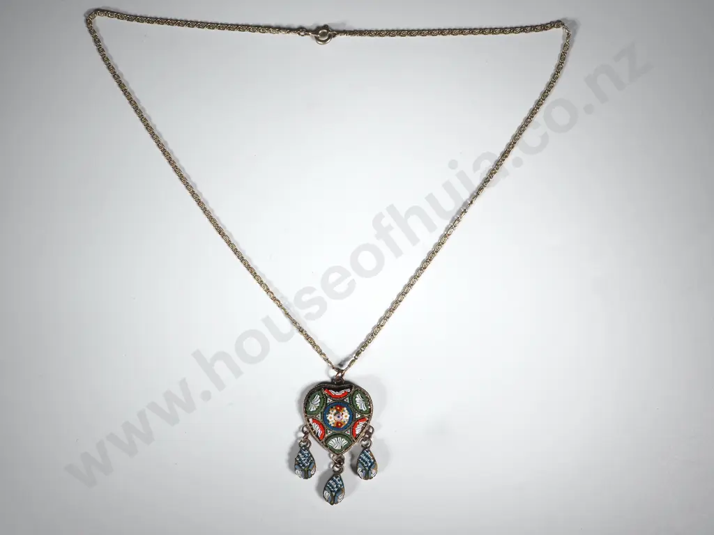 Vintage Mosaic Heart Shaped Pendant w Fancy Link Chain Image 1++