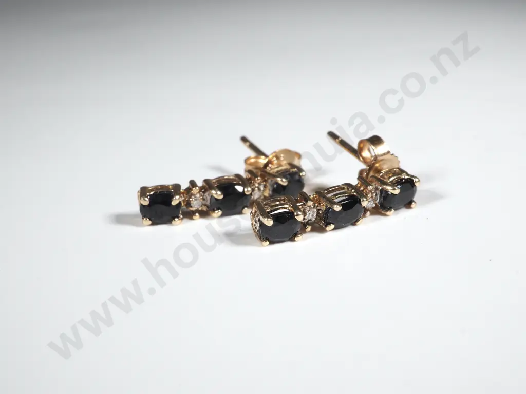 9ct Gold Vintage Sapphire & Diamond Drop Earrings Image 1++