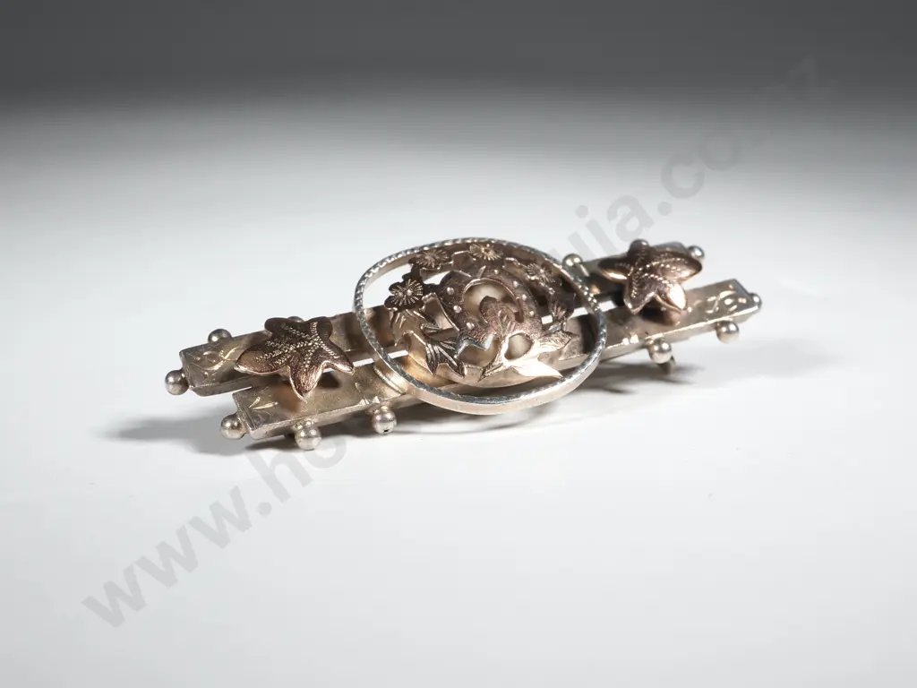 9ct Gold & Sterling Silver Antique Bar Brooch w Horseshoe Motif "Good Luck" Image 1++