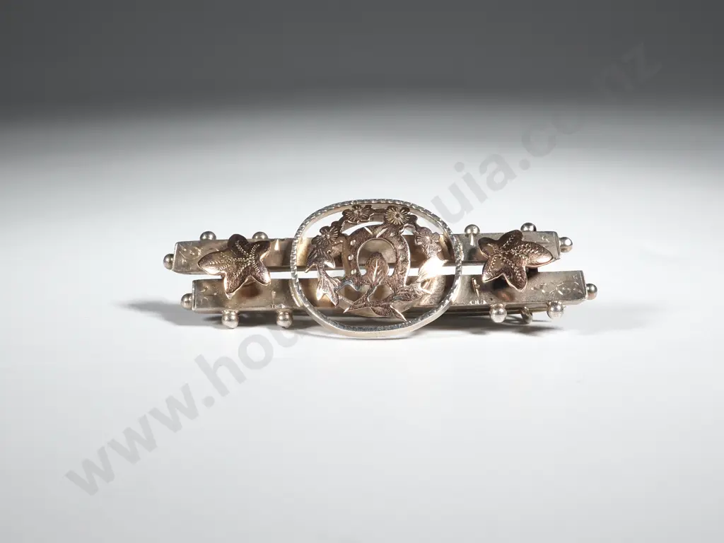 9ct Gold & Sterling Silver Antique Bar Brooch w Horseshoe Motif "Good Luck" Image 1++