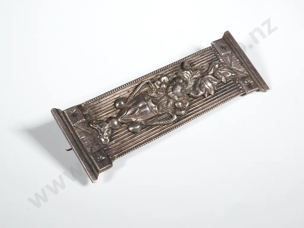 Ornate Sterling Silver Column Brooch w Embossed Flowers in an Urn Image 1++