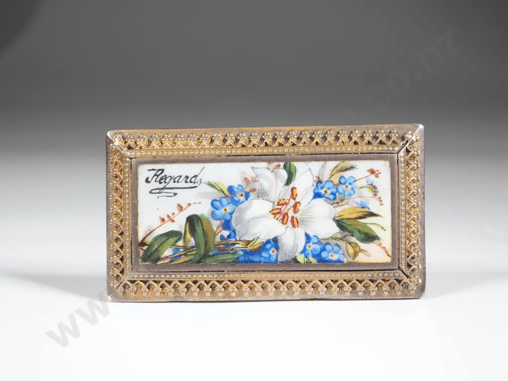 Ornate Sterling Silver Hand-painted Porcelain Brooch w Decorative Gallery Image 1++