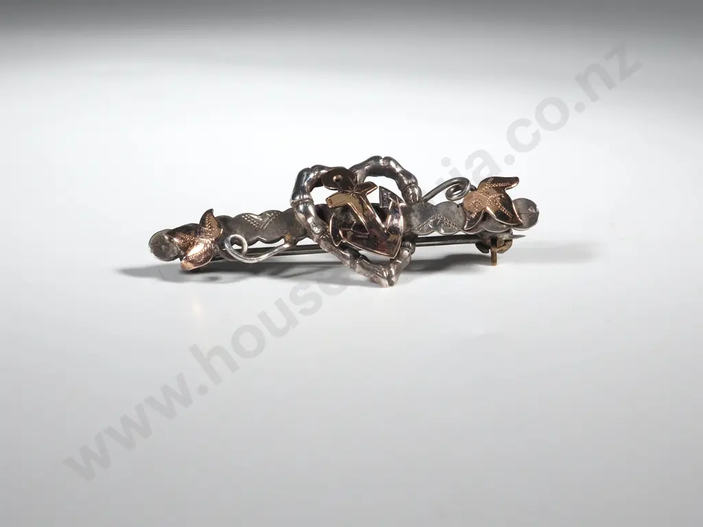 9ct Rose Gold & Sterling Silver Antique Heart & Anchor Decorated Bar Brooch Image 1++