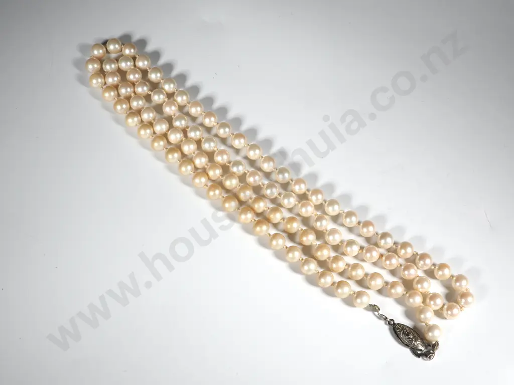 String of Individually Knotted Pearls w Sterling Silver Clasp Image 1++