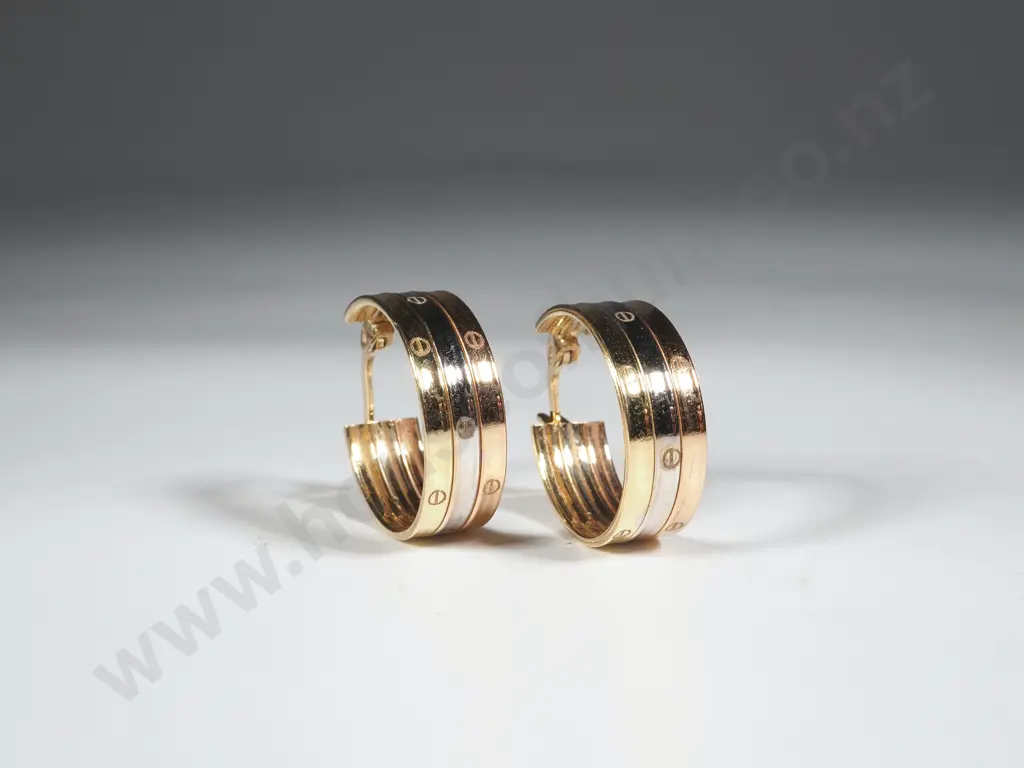18ct Gold Tri-Colour Hoop Earrings, Cartier Style Image 1++