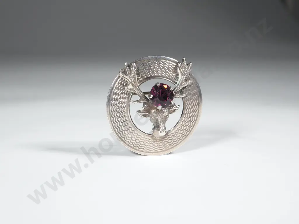 Sterling Silver Scottish Stag Head Brooch Set w Amethyst Image 1++