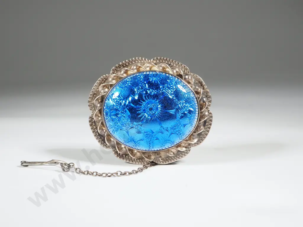 Vintage Sterling Silver Blue Enamel Oval Brooch Image 1++