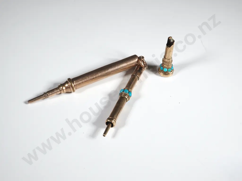 Two Gold Pocket Propelling Pencils. One Set w Turquoise ( Latter Damaged & Missing Stones) Image 1++