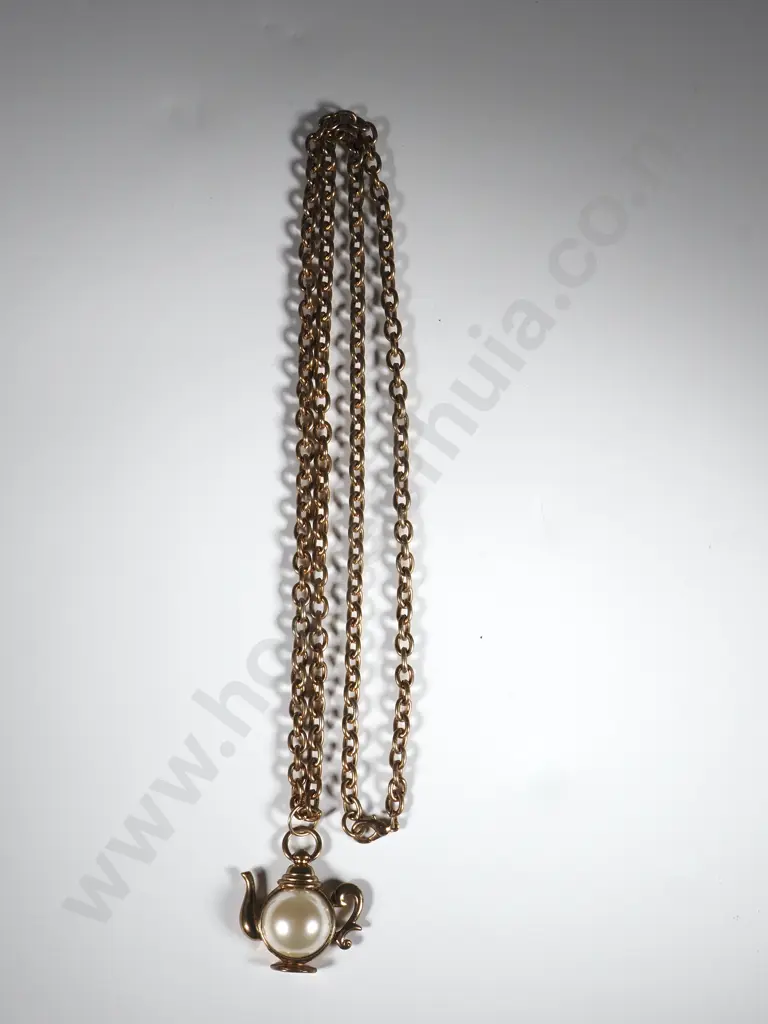 Faux Gold Necklace w Faux Pearl Teapot Pendant Image 1++