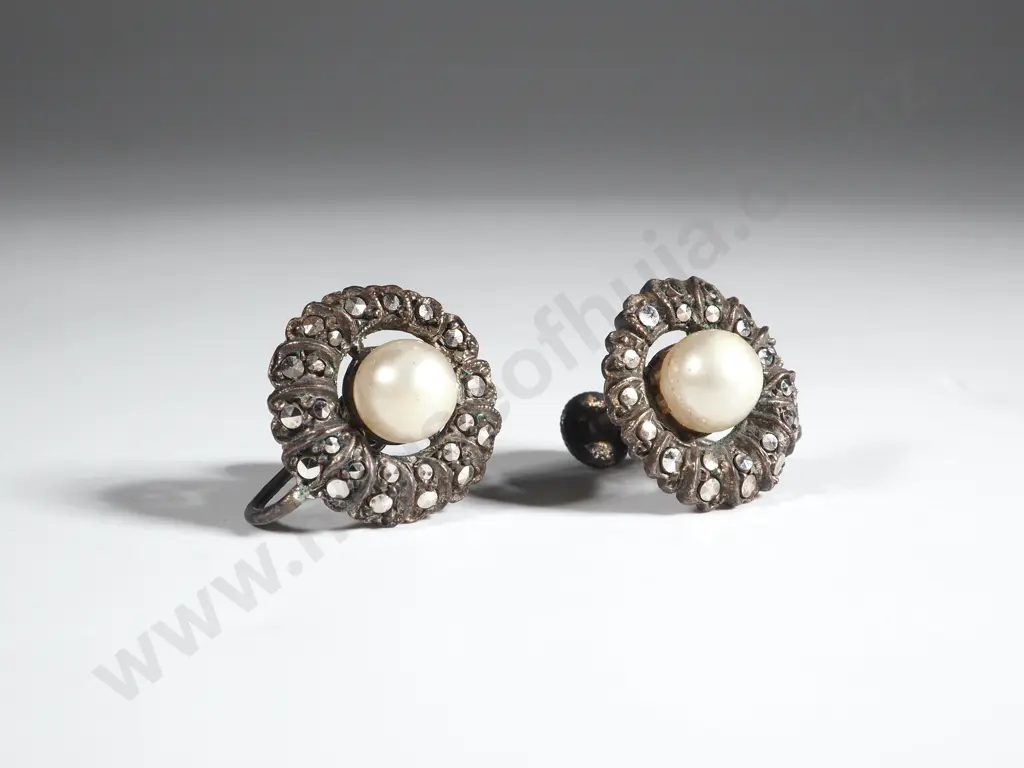 Marcasite & Faux Pearl Earrings Image 1++