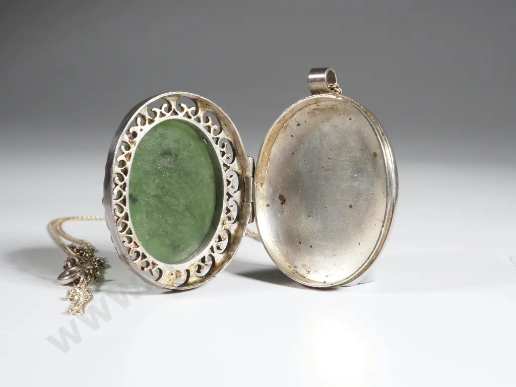 Sterling Silver & Greenstone Locket On Chain  Image 1++