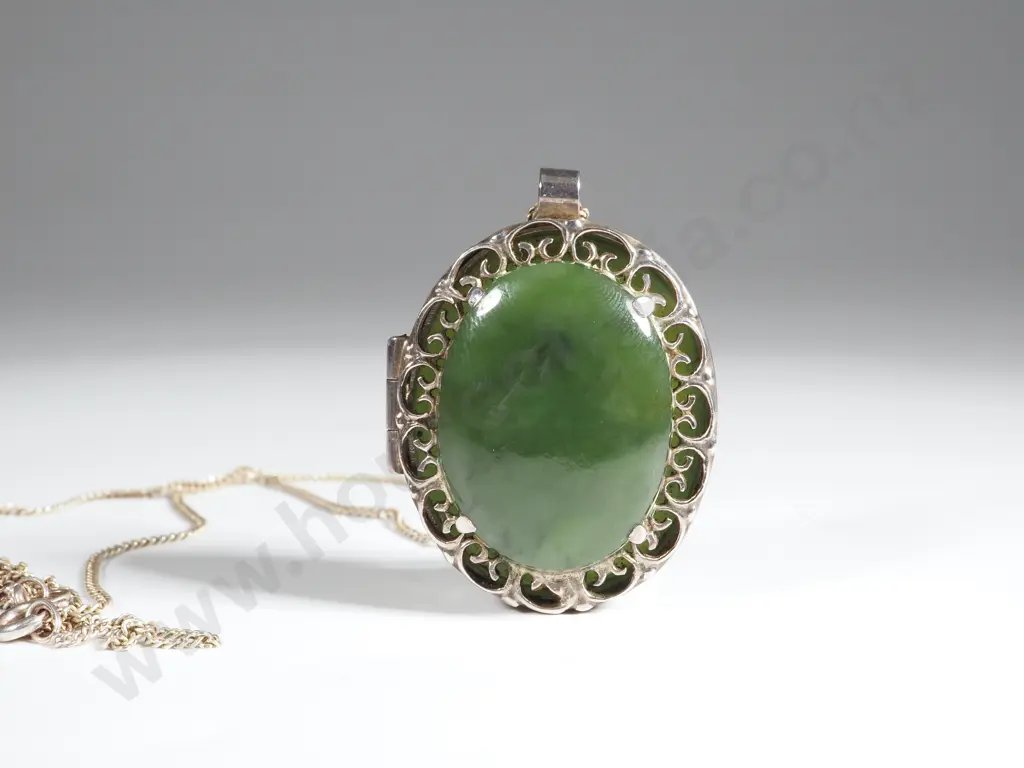 Sterling Silver & Greenstone Locket On Chain  Image 1++