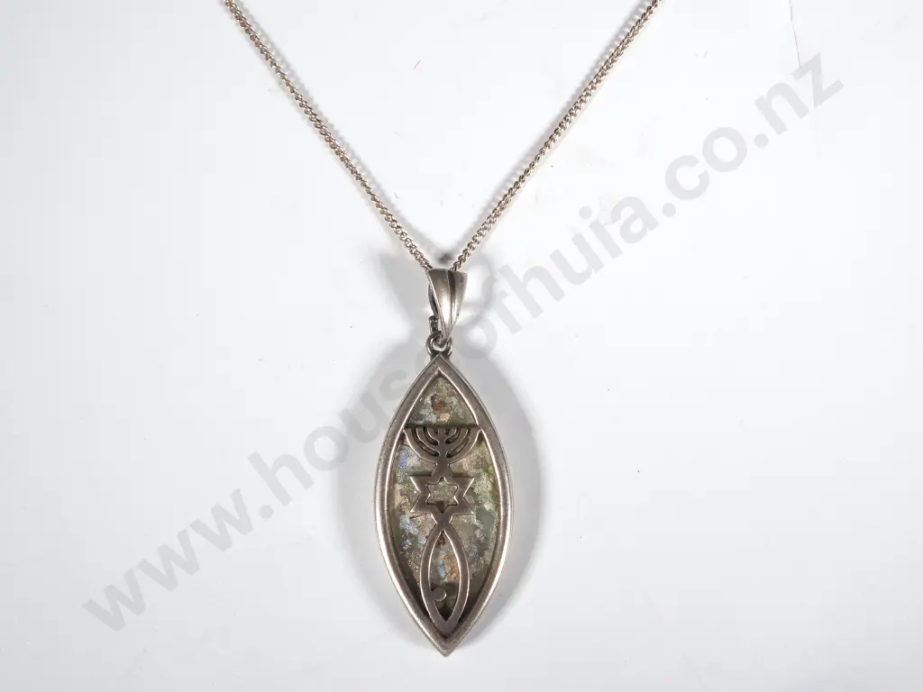 Sterling Silver Pendant in the Form Of  Menorah, Star of David & Fish on Chain Image 1++